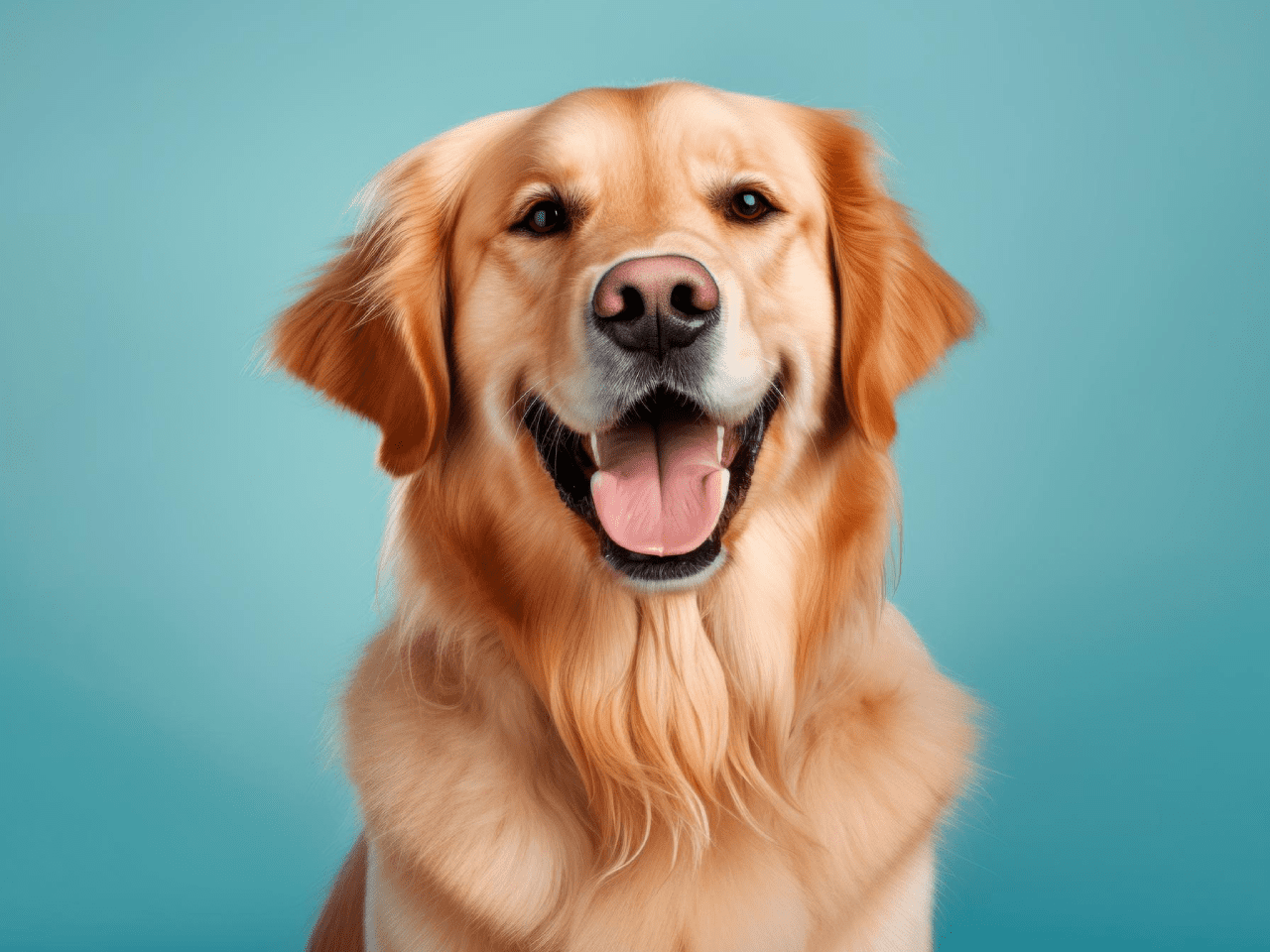 A golden retriever dog happily poses in front of a blue background.