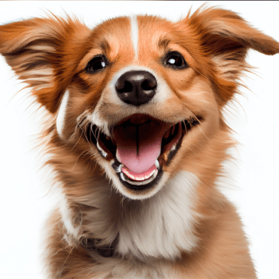 A happy dog looks up at the camera with a smile on its face.